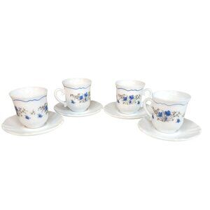 Arcopal France Demitasse Cups & Saucers Set Of 4 White With Blue Floral Design